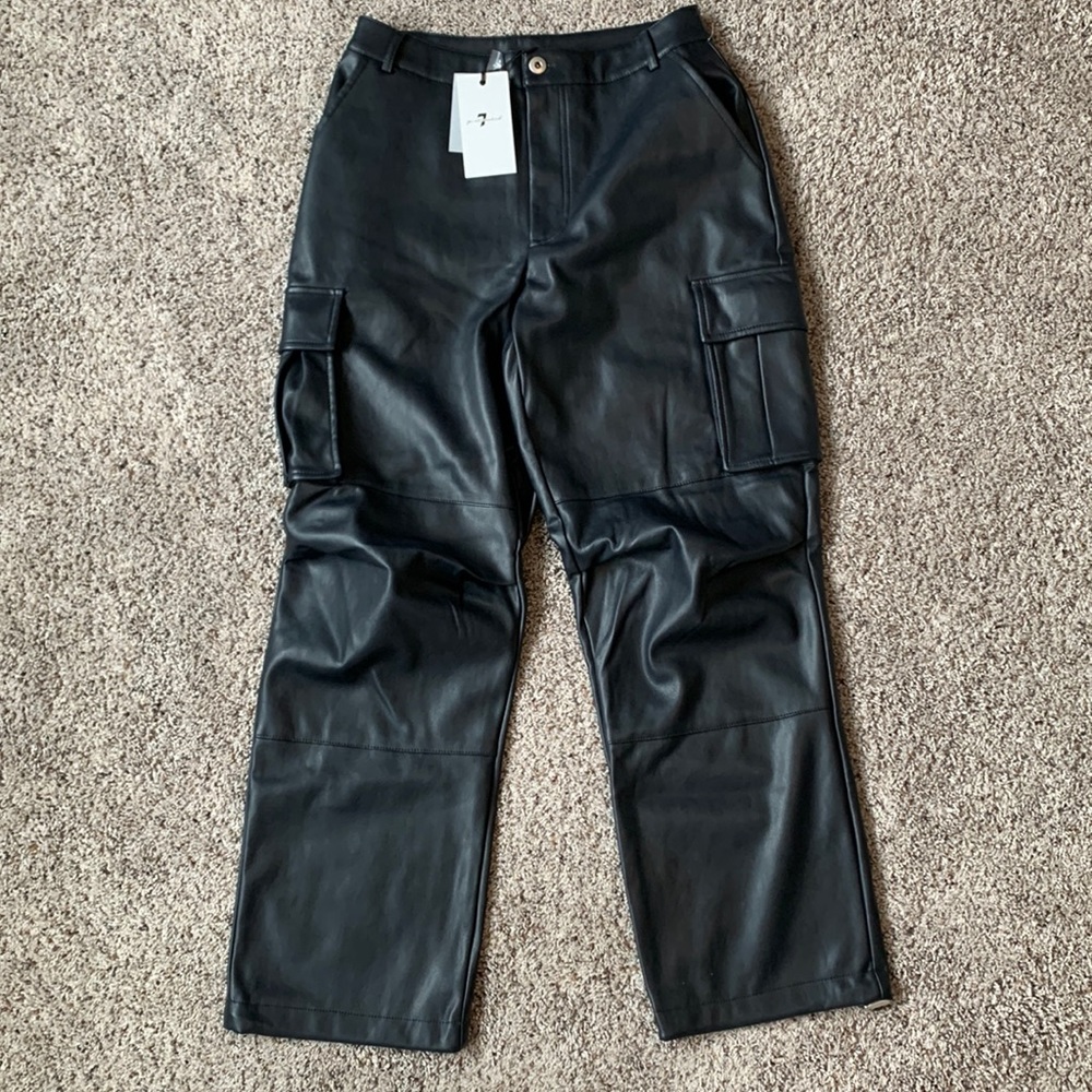 7 for all Mankind Dark Blue Vegan High Waisted Leather Cargo Pants Elastic Cuff